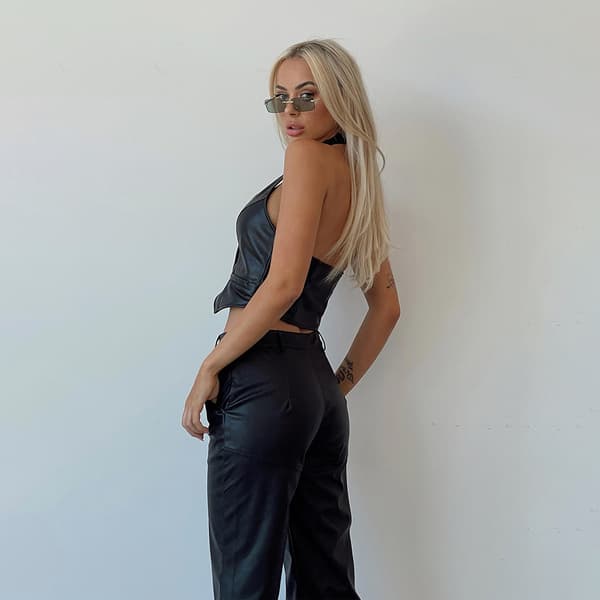 Dammode ärmlös halslös läderväst Top black XL