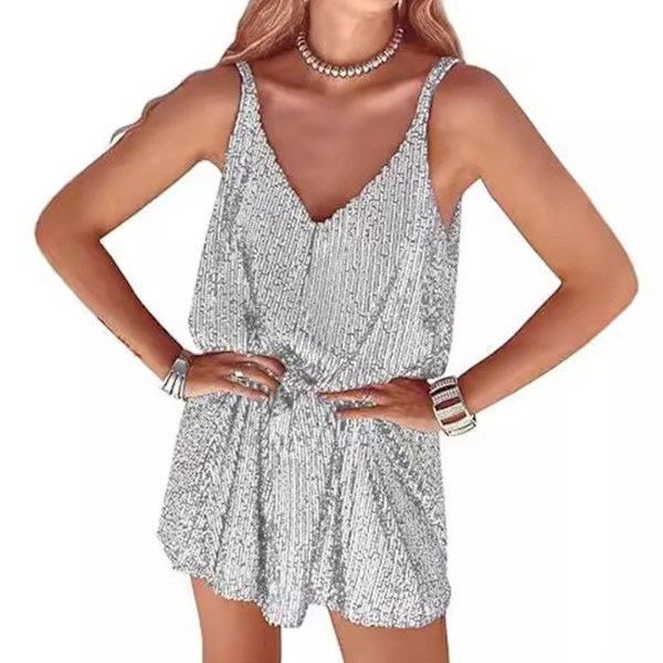 Dame Paljett Sexy V-hals Kjole Glitrende Glitter Ermeløs Kort Kjole silvery 2XL