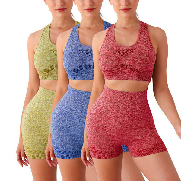 Træningssets til Kvinder 2 Dele Sømløs Ribbet Crop Tank Højtaljet Shorts RED S/M
