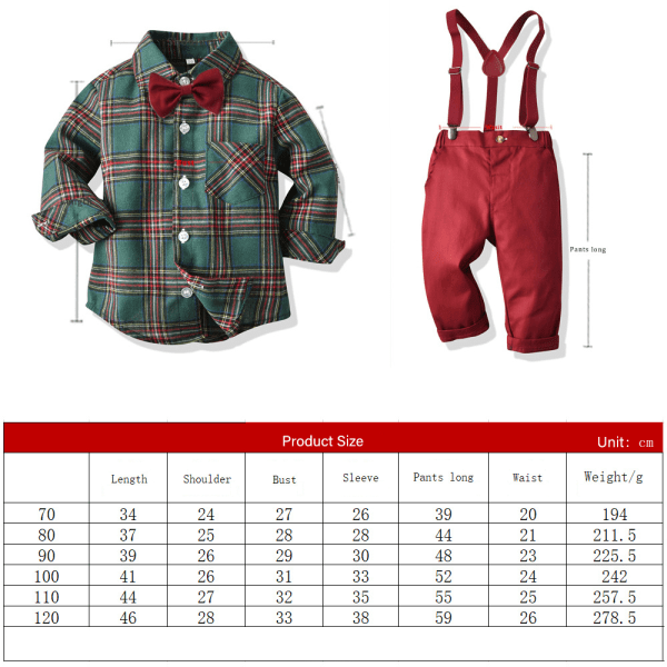 Pojkar Jul Långärmad Fluga Skjortor Barn Gentleman Kläder Set Green 80cm