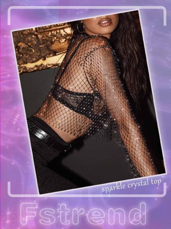 Kvindernes Mesh Body Chains Rhinestone Langærmet Gennemsigtig Top