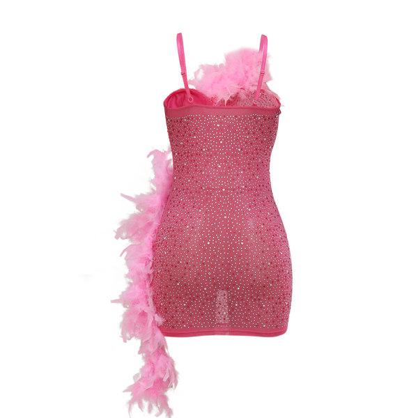 Sexy Mesh Rhinestone Kjole til Kvinder med Hot Drilling Pink 2XL