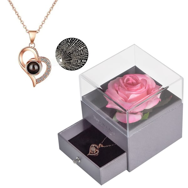 Bevarad äkta ros med I Love You-halsband på 100 språk Pink