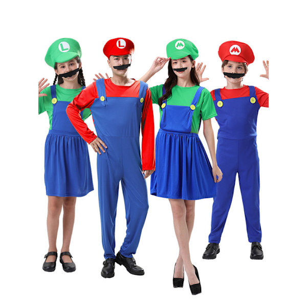 Mario-kostyme for menn, Super Mario-kostyme for barn og voksne Green-Boy L