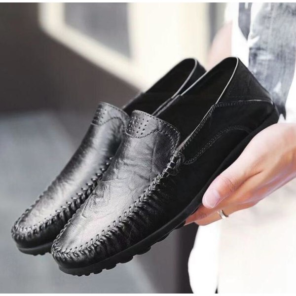 Mænds Casual Læder Fashion Slip-on Sko Black 44