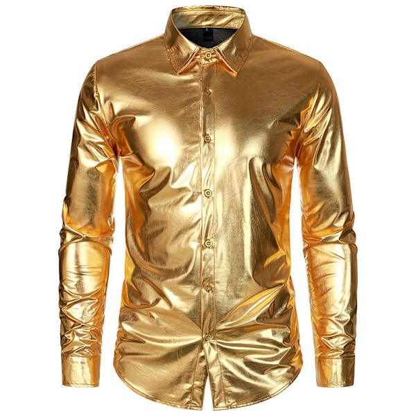 Miesten Luksus Kiiltävä Silkkimainen Satiini Napitettu Pukeutumispaita Gold 2XL