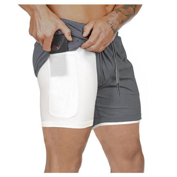 Herr 2 i 1 löparshorts andningsbara aktiva gym träningshorts Dark Grey M