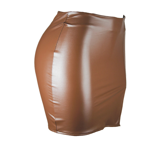 Basic, hög midja, konstläder Bodycon Mini Pencil Kjol för kvinnor brown M