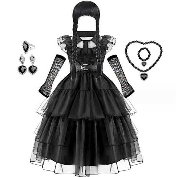 Wednesday Addams Svart Klänning för Flickor med Gratis Tillbehör 120CM