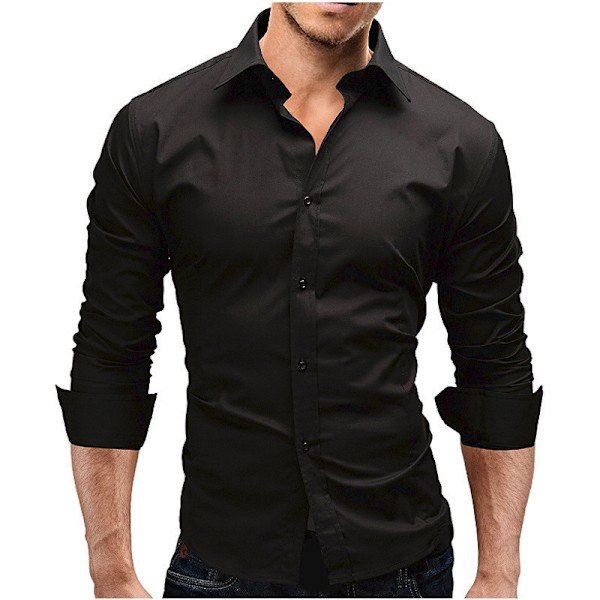 Miesten Slim Cotton Pitkähihainen Napit-Paita Black M