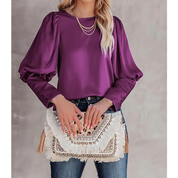 Satinblus för kvinnor med puffärmar, avslappnad och lös Purple M