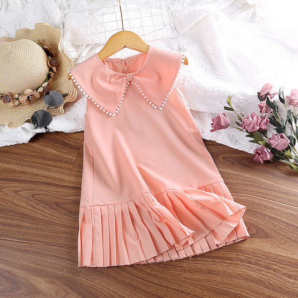 Sommartjejklänning 4-7 år ärmlös klänning med rosa dockkrage 4Y
