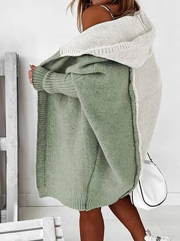 Dame Cardigan med Åpen Front, Lange Ermer og Hetter Green M