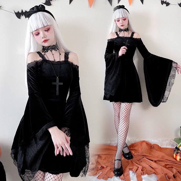 Gotisk Fløjl Halterkjole Lang Flare Ærme Fairy Lolita Kjole M