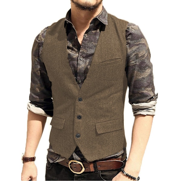 Herrar Herringbone Tweed Ylle Väst Enknäppt Slim Fit Väst Brown XL