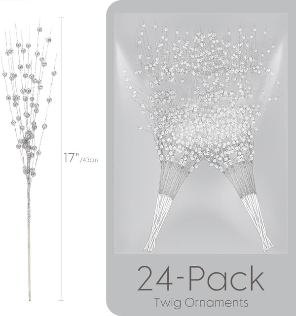 24-pak kunstige glitterbær-grenpynt, dekorative perlestikker Sliver