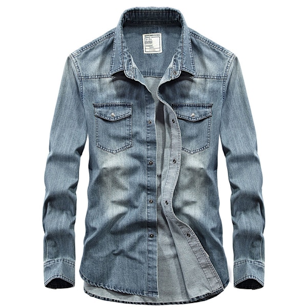 Herr Denimskjorta Retro Casual Jean Arbetskläder Light Blue M