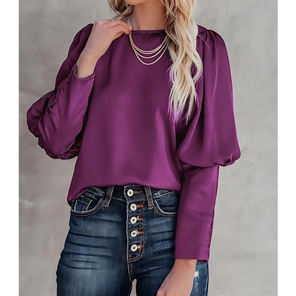 Satinbluse med Puff-ermer for kvinner - Avslappet og løs topp Purple M