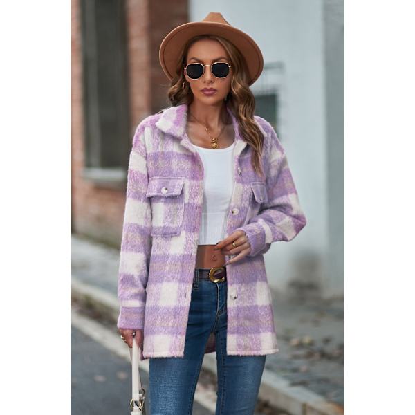 Dametøj Langærmet Casual Plaid Shacket Jakker Skjorter Lapel Tweed Peacoat Purple M
