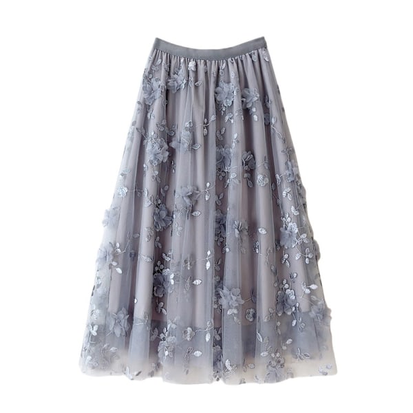 Kvinnors 3D Mesh Blomsterbroderad Tulle Midikjol Grey