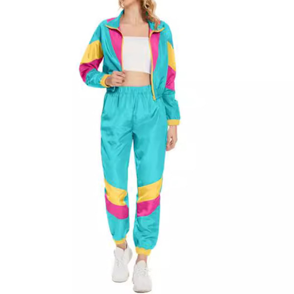 Färgglad 2-delad vindjacka för damer, långärmad crop top med dragkedja fram och träningsset Light Blue M