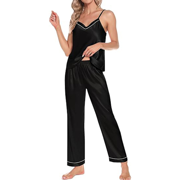 Dam 4-delad pyjamas set i siden satin sovkläder sexig pjs loungewear Black M