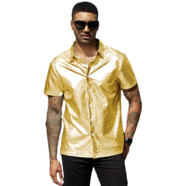 Sommarskjortor herr Kortärmade glänsande metalliska skjortor yellow L