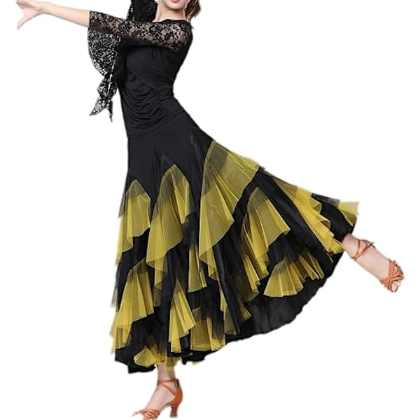 Ballroom Latin Dansfestklänning Lång Svingande Lagrad Kjol för Kvinnor Black+Red