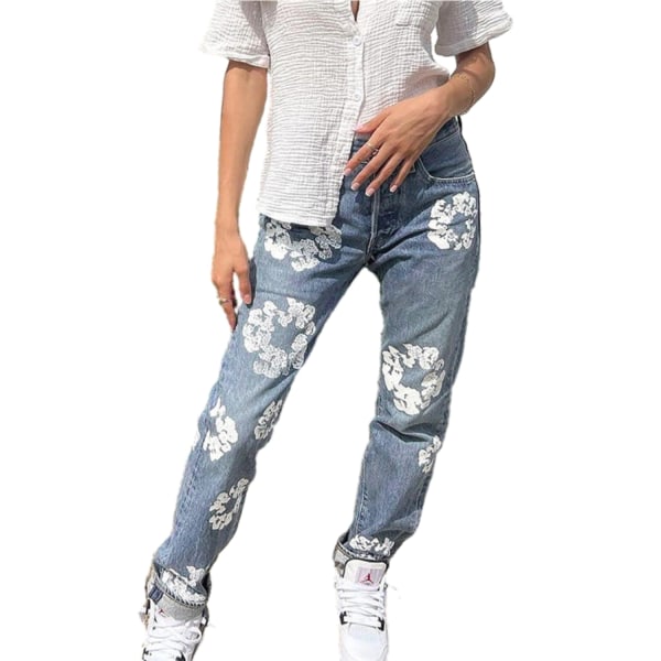 Printed slimmade jeansbyxor för kvinnor Blue L