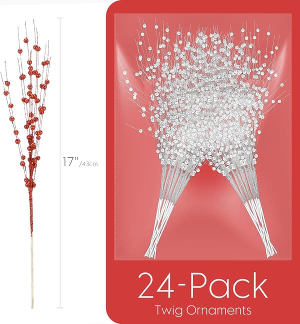 24-pak kunstige glitterbær-grenpynt, dekorative perlestikker Red