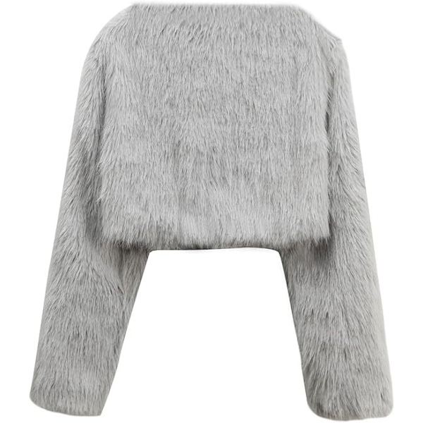Kvinnors Mode Klippt Konstpälsjacka Långärmad Öppen Fram Kort Kavaj Grey M