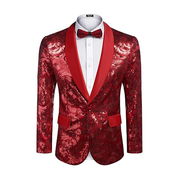 Mænds Sequin Blazer Glimtende Glitterjakke Skinnende Blomsterjakke Red 2XL