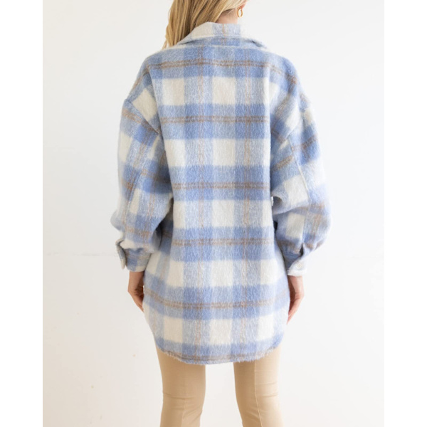 Dametøj Langærmet Casual Plaid Shacket Jakker Skjorter Lapel Tweed Peacoat Light Blue M