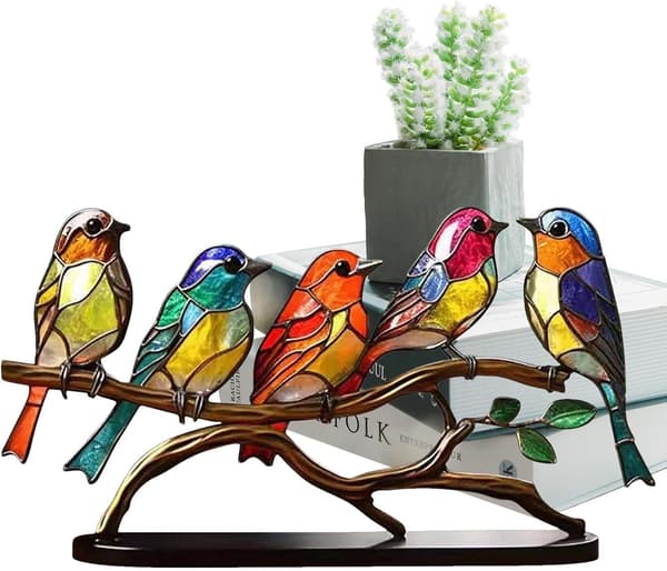 Farvede Glasfugle På Gren Desk Ornamenter Five