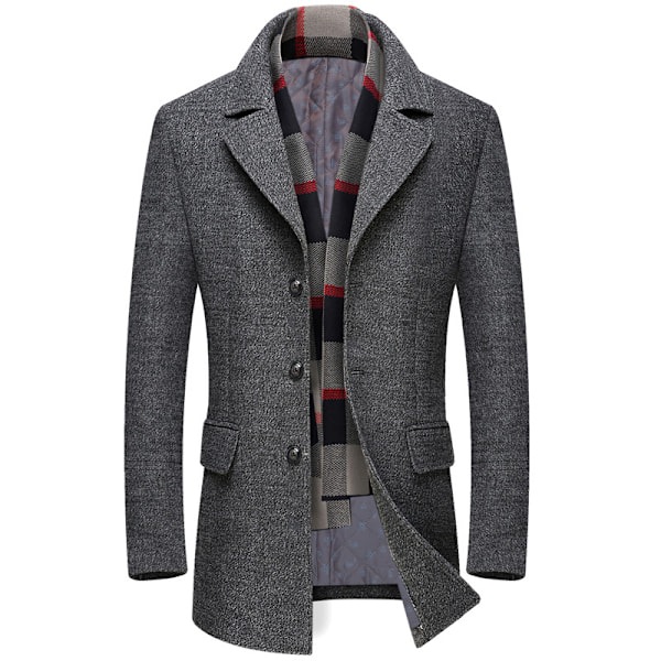 Herreullfrakk med avtakbar rutete skjerf, hakket krage, enkeltspent peacoat, trenchcoat Grey 2 M