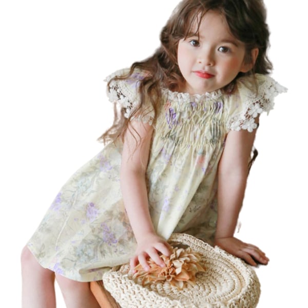Nya blommiga klänningar med elastiska spetsärmar för barn yellow 100