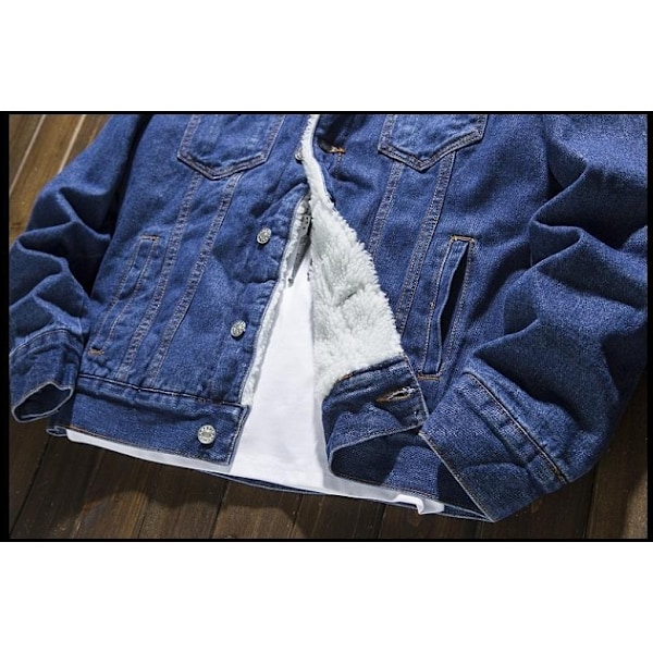 Mænds Lapel Sherpa Fleeceforet Tyk Denim Jean Trucker Jakke Frakker Dark Blue M