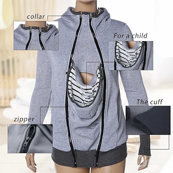 3-i-1 Multifunksjonell Maternitygenser med hette for kvinner Gray XL
