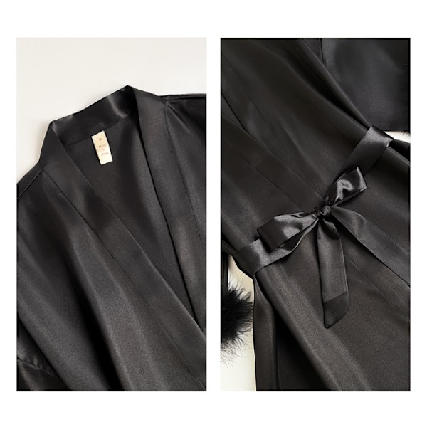 Langærmet Satin-Morgenkåbe med Fuzzy Trim og Bælte til Kvinder - Brudekjole til Bryllupsdag Black
