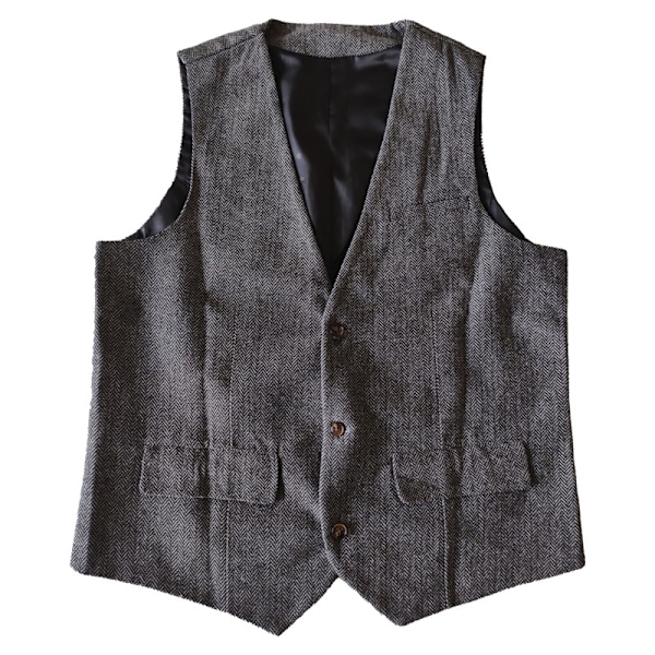 Herrar Herringbone Tweed Ylle Väst Enknäppt Slim Fit Väst Black 3XL