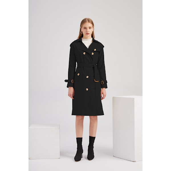 Kvinnors Trenchcoat Lång Dubbelknäppt Höstmode Klassisk Krage Slank Överrock Black M