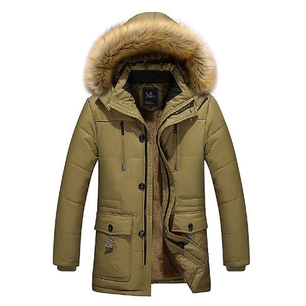 Midlång plus sammetsjacka för män, tjock bomullsvadderad khaki XL