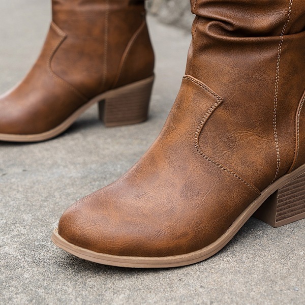 Damskor Western Ankle Boots Spetsig tå Chunky Block Mellanhög Klack Chelsea Cowboy Stövletter Brown 41