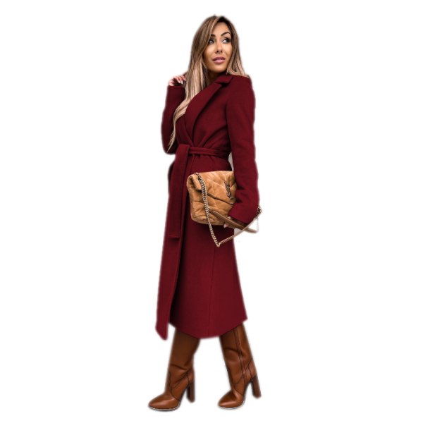 Klassisk lång kappa med bälte för kvinnor dark red L