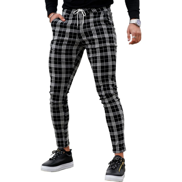 Mænds Chino Bukser Skinny Fit Plaid Stilfulde Casual Business Dress Bukser Black M