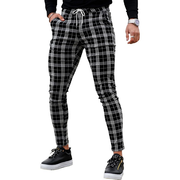 Miesten Chino-housut, hoikka istuvuus, ruudullinen, tyylikäs, arkikäyttöön ja juhliin Black M