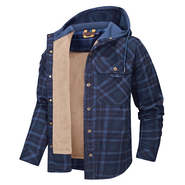 Mænds Flanneljakke Løstsiddende Plaid Sherpaforet Flannelskjorte Trykknapper Varme Vinterjakker Lommer Dark Blue M