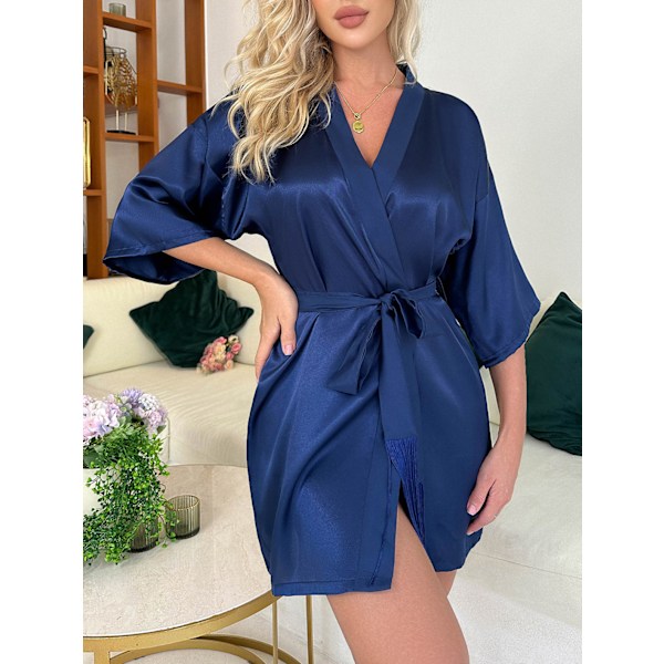 Satin Kimono-badrock för kvinnor i siden Navy M