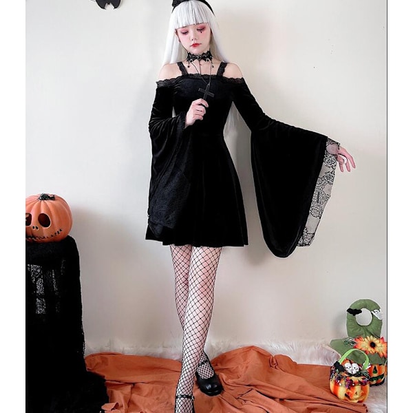 Gotisk Fløjl Halterkjole Lang Flare Ærme Fairy Lolita Kjole M