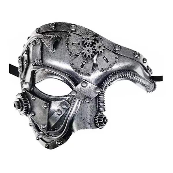 Steampunk Metallisk Cyborg Venetians Mask, Maskeradmask för Halloween silver